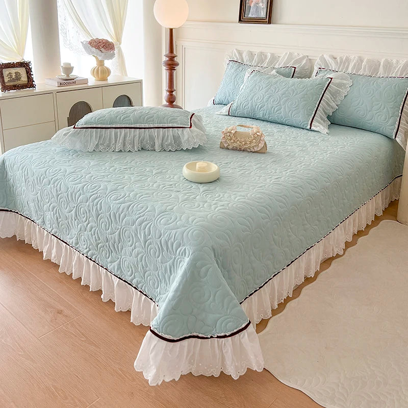 Afralia™ Princess Style Cotton Quilted Bedspread Set with Lace Edge & Pillowcase