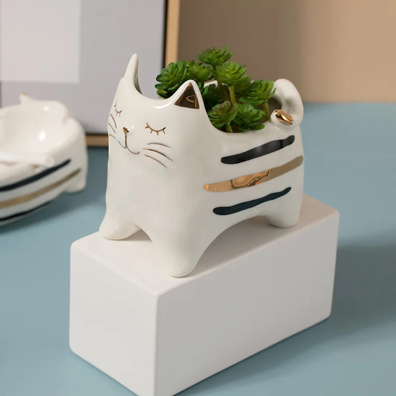 Afralia™ Nordic Cat Figurine Vase Succulent Plant Pot Decor Statues