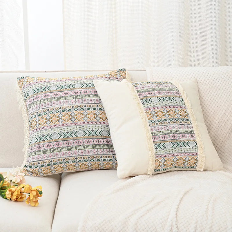 Afralia™ Handmade Tassel Cushion Cover Retro Jacquard Patchwork Fringed Pillow Cover