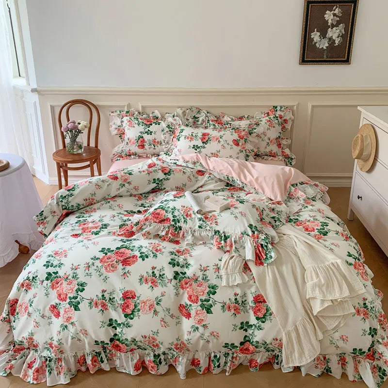 Afralia™ French Vintage Rose Print Bedding Set with Lace Ruffles and Linen Details