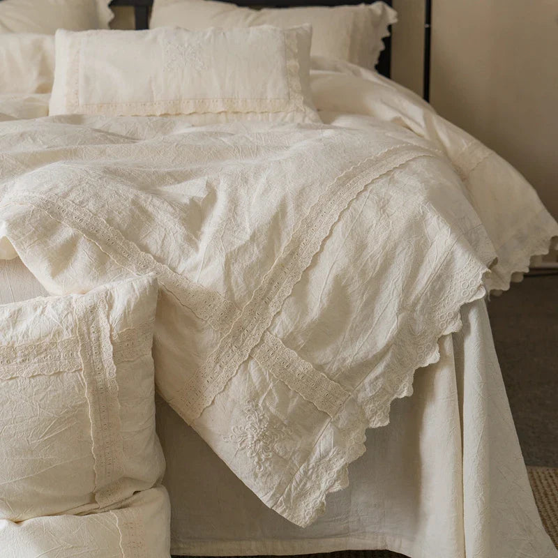 Afralia™ Cotton Linen Bedding Set, French Style Vintage Duvet Cover, Flat & Fitted Sheet