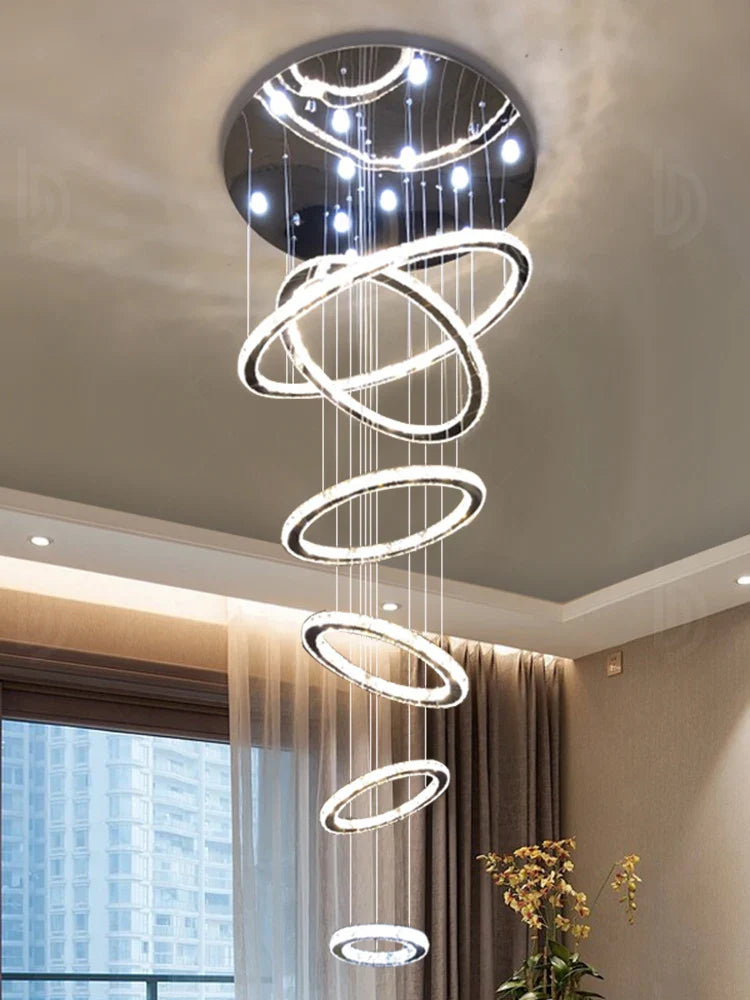 Afralia™ Chrome Rings Crystal Chandelier: Modern Luxury Staircase Lighting for Villa Lobby Fixtures