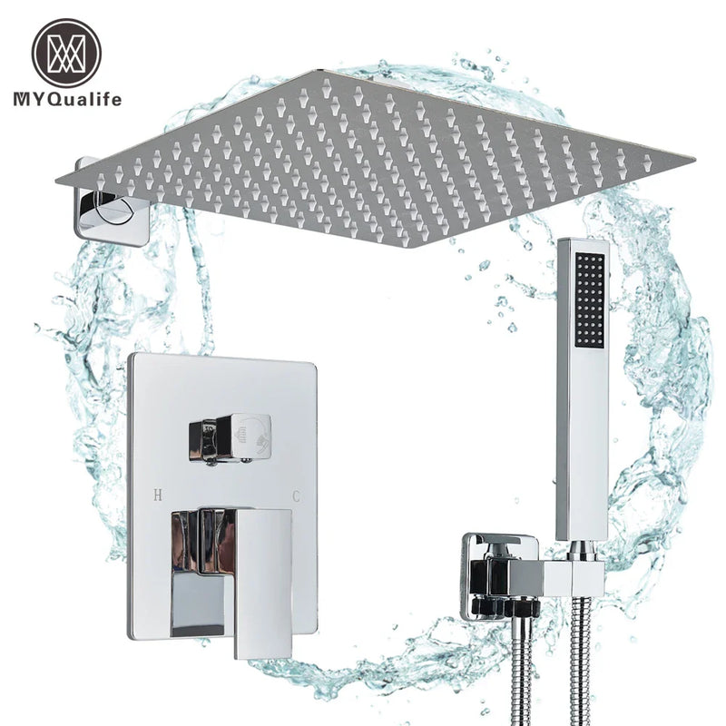 Afralia™ Chrome Shower Faucet Set with Embedded Box Control, 2/3 Way Diverter, 8-16" Rainfall Head