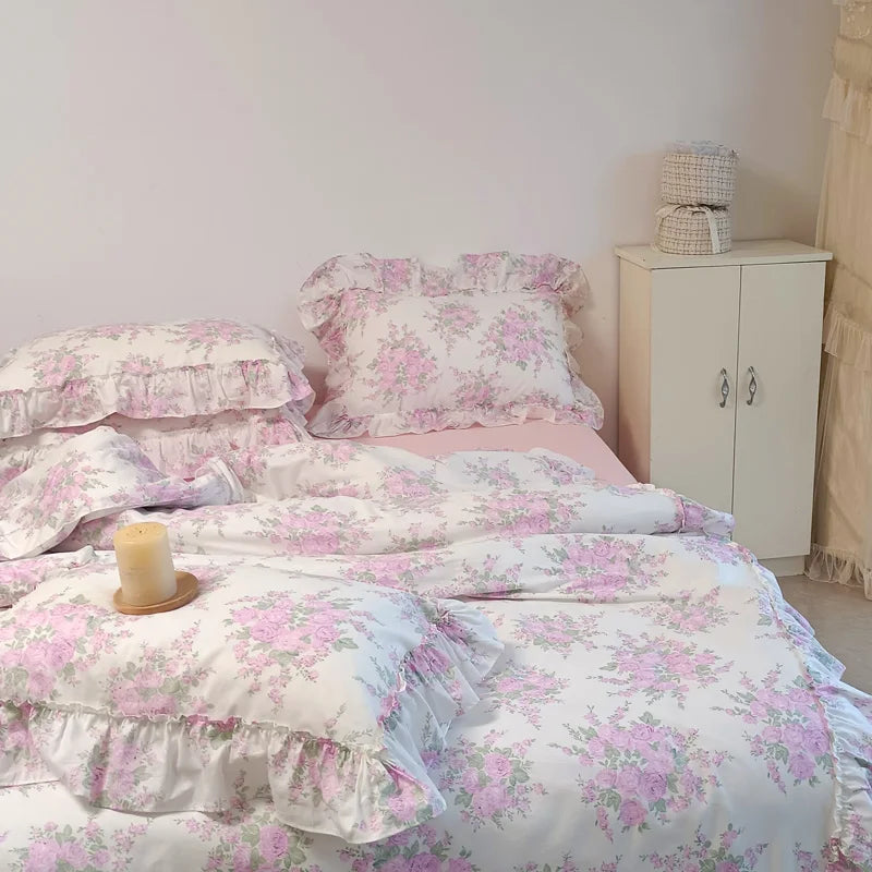 Afralia™ French Rose Flowers Print Lace Ruffles Cotton Bedding Set - Duvet, Bed Skirt, Sheets & Pillowcases