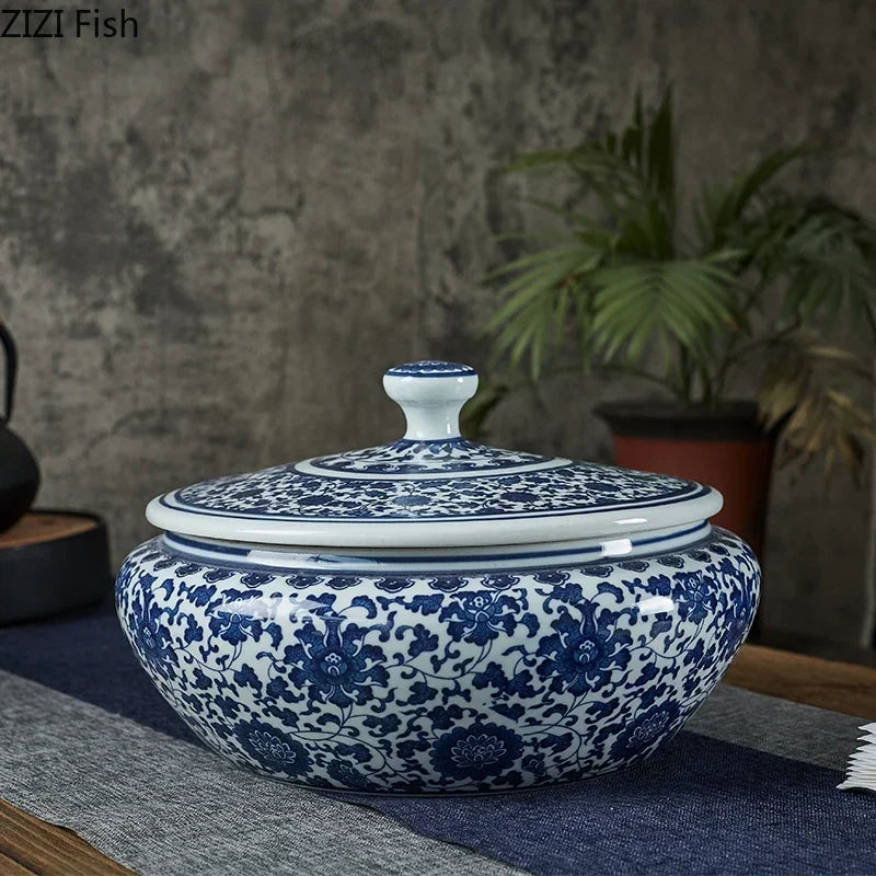 Afralia™ Blue Flower Ceramic Tea Caddy Jar - Living Room Decor or Home Ornament