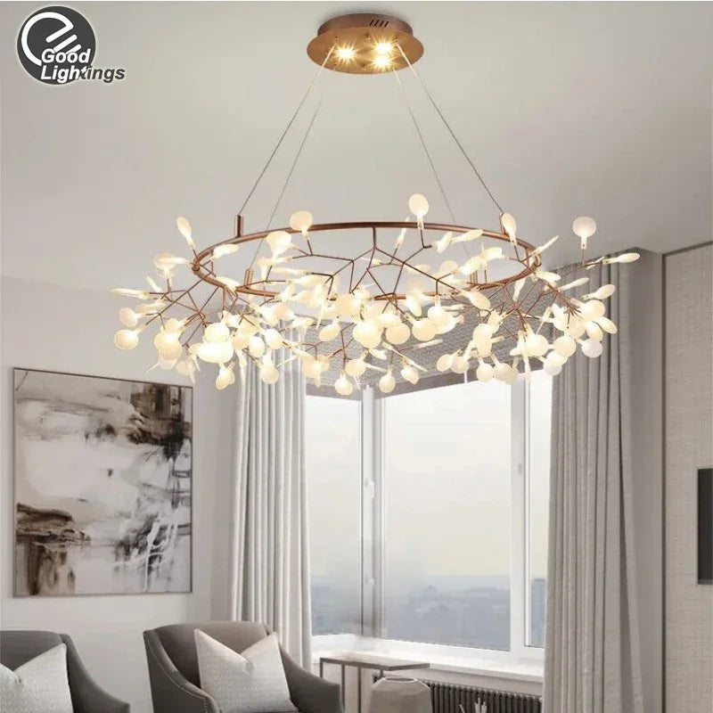 Afralia™ Firefly LED Chandelier: Stylish Tree Branch Round Metal Ceiling Spotlight