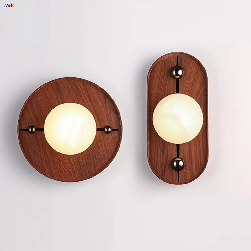 Afralia™ Retro LED Wall Lamp Iron Canopy Marble Lampshade Stair Light Fixture - Wood Texture
