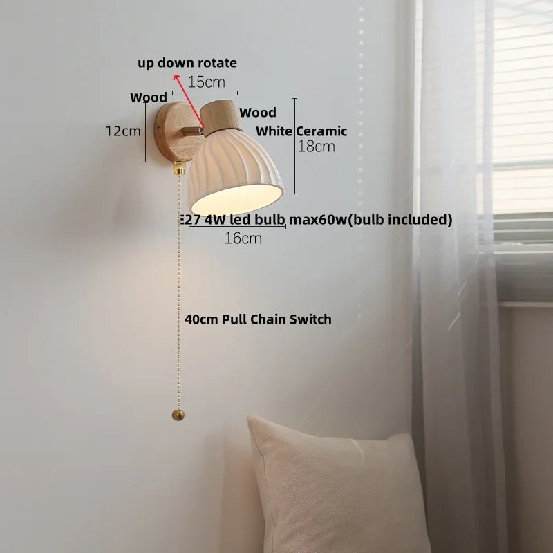 Afralia™ Amber Glass LED Wall Sconce with Pull Chain Switch, Nordic Modern Wood Stair Light