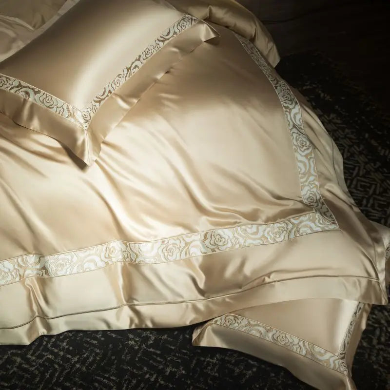 Afralia™ Satin Brocade Luxe Embroidery Bedding Set Champagne Cotton Duvet Cover Bed Sheet Pillowcases