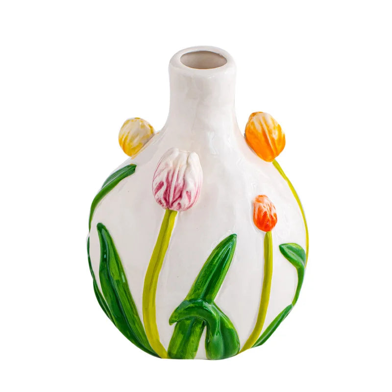 Afralia™ Tulip Embossed Ceramic Vase - Colorful Floral Pattern - Home Décor Vase