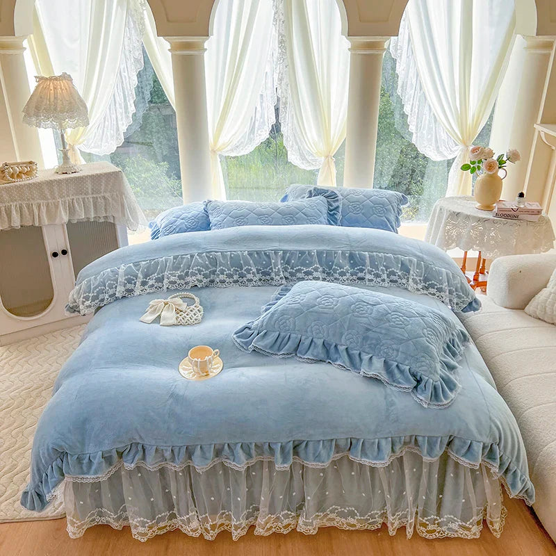 Afralia™ Velvet Princess Lace Ruffles Bedding Set - 4pcs Luxury Solid Color