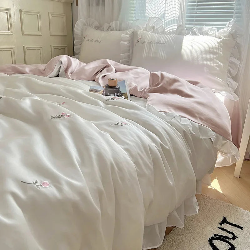 Afralia™ Silky Embroidery Bedding Sets with Lace, Ultimate Comfort for Home and Dorm