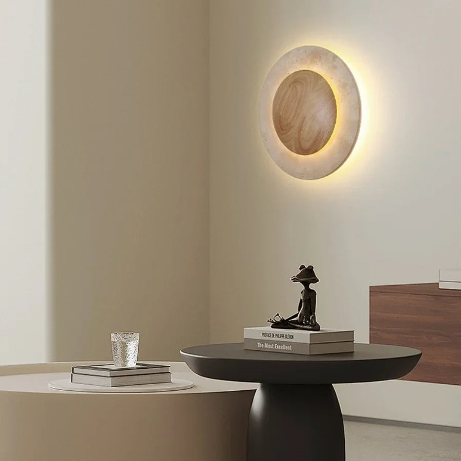 Afralia™ Wabi Sabi LED Wall Light Yellow Travertine Wood Decor Sconce Bedside Lamp
