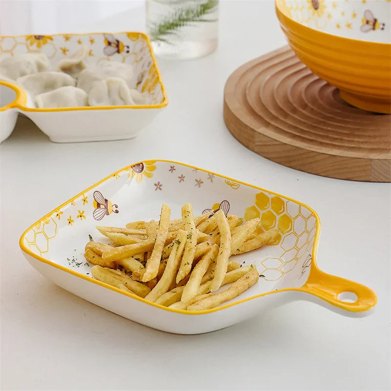 Afralia™ Little Bee Ceramic Plate with Handle: Multifunctional Baking Tray for Desserts & Snacks