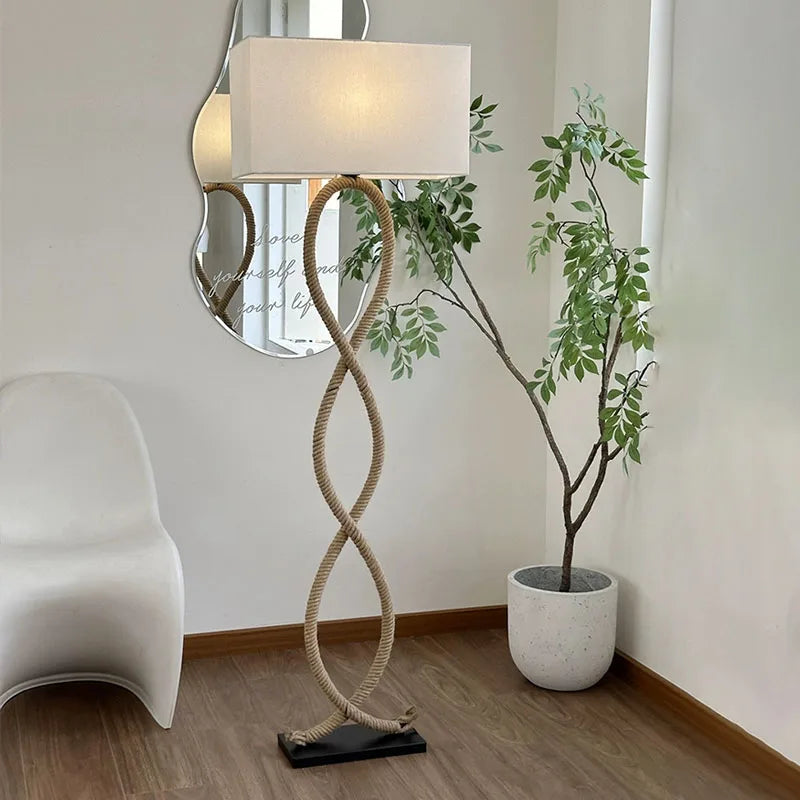 Afralia™ Hemp Rope Fabric Shade LED Floor Lamp for Nordic Retro Wabi Sabi Style