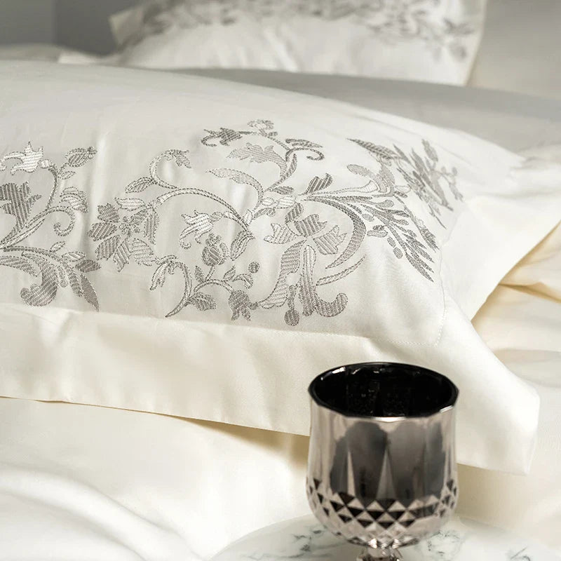 Afralia™ Luxury Embroidery Bedding Set: Pearl White 1000TC Egyptian Cotton Duvet Cover, Sheets, Pillowcases