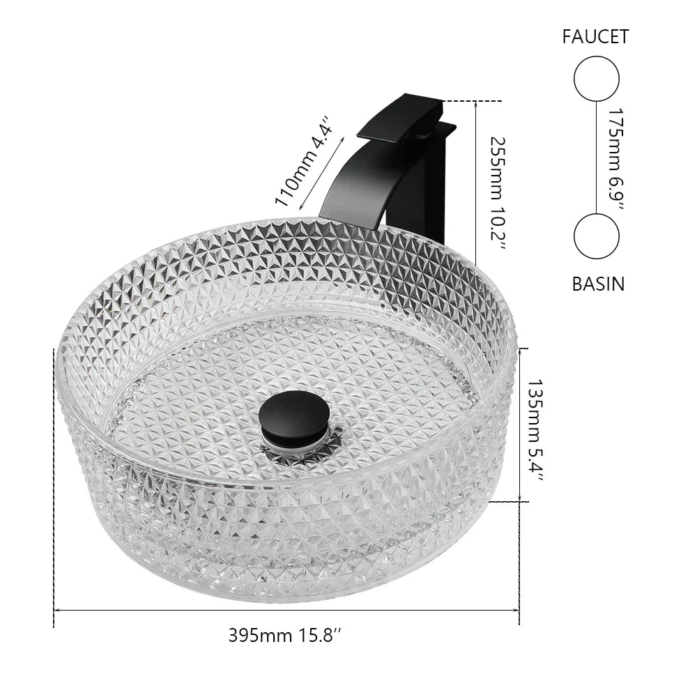Afralia™ Diamond Glass Basin Set with Matte Black Faucet and Pop-up Drain Mixer Tap