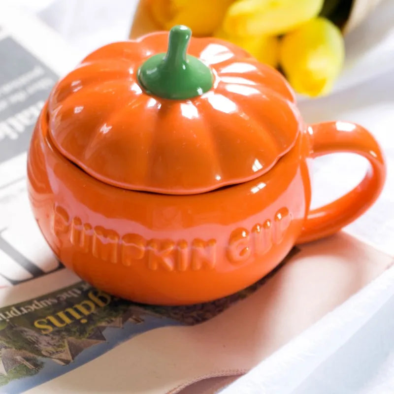 Afralia™ Ceramic Pumpkin Thermos Cup with Lid - Halloween Breakfast Milk Oatmeal Mug