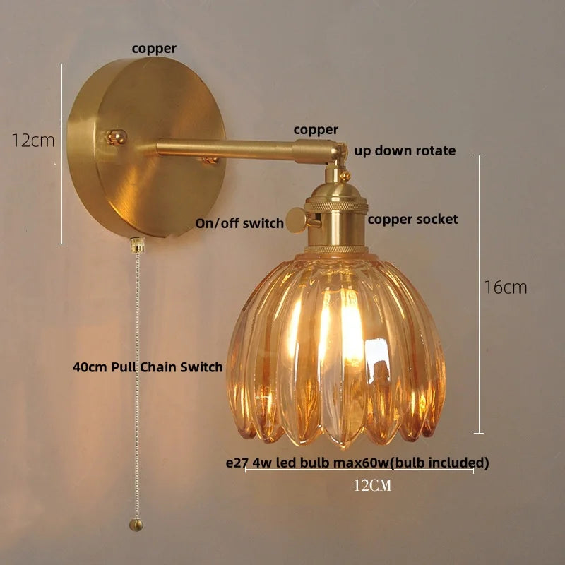 Afralia™ Vintage Clear Glass Wall Lamp Sconce with Pull Chain Switch and LED Rotation