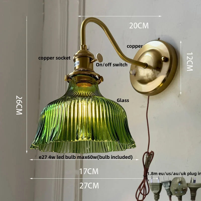 Afralia™ Pink Glass LED Wall Sconce Nordic Brass Fixture