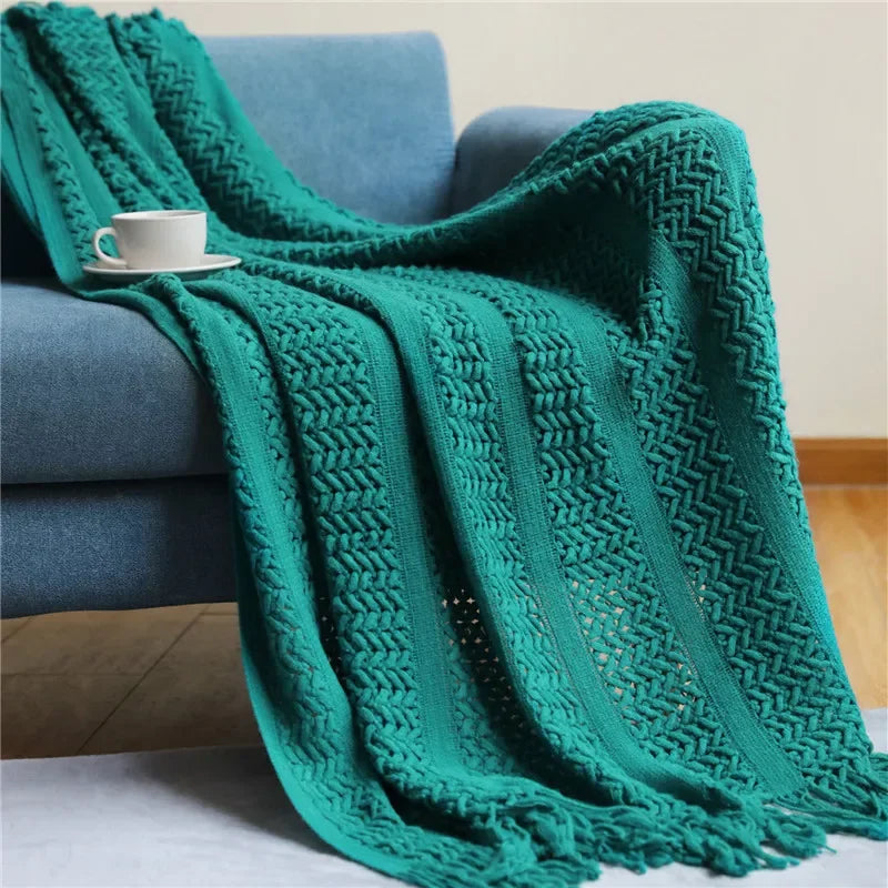 Afralia™ Nordic Knitted Sofa Blanket with Tassels - Solid Color Siesta Shawl Blanket
