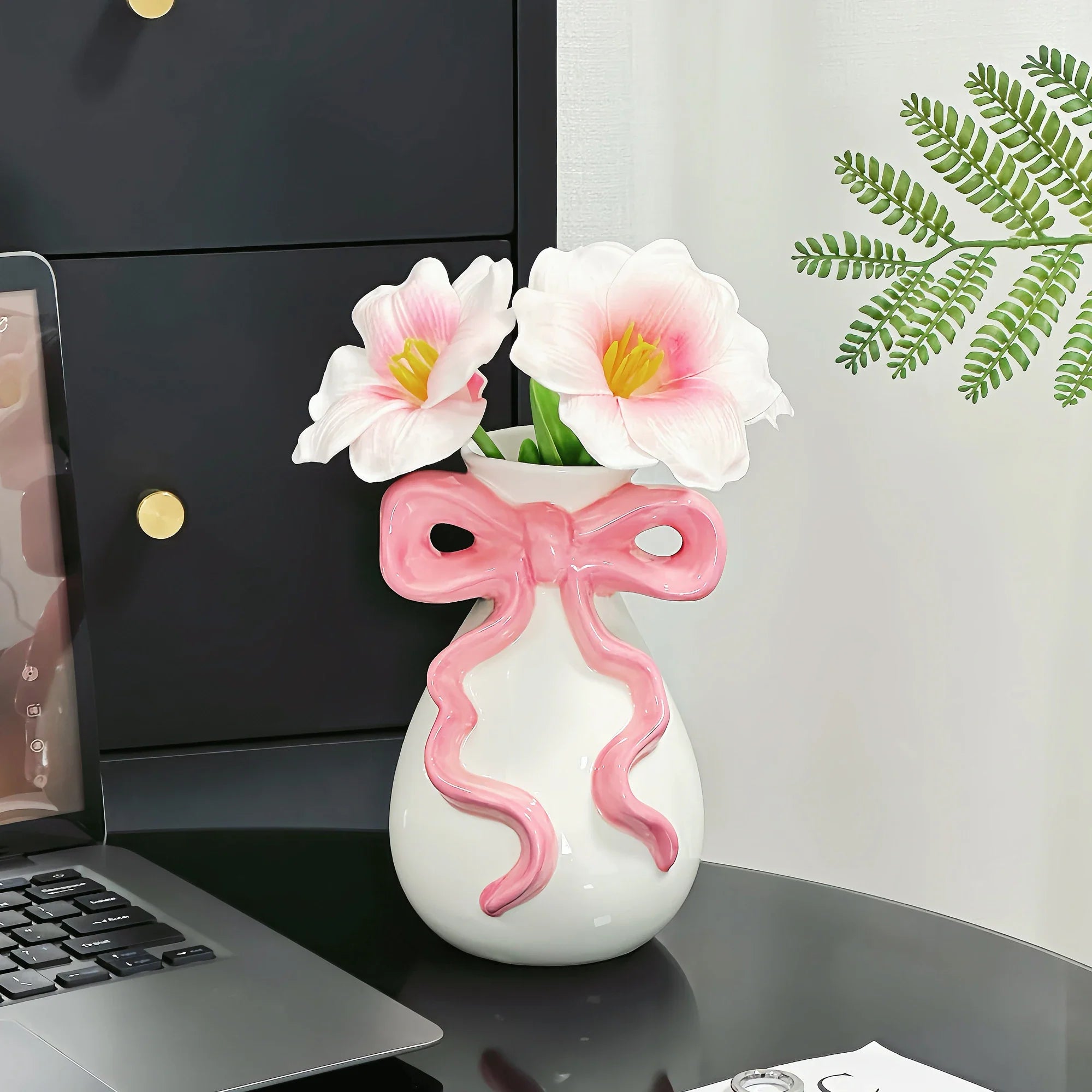Afralia™ 3D Ribbon Ceramic Vase with Cute Bow - Home Floral Decoration