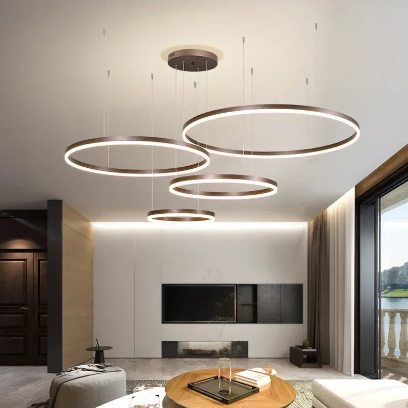 Afralia™ Brushed Rings LED Pendant Chandelier in Gold Coffee Color