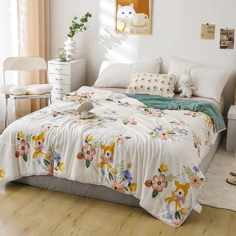 Afralia™ Cartoon Print Quilted Double Blanket for Queen Size Bed
