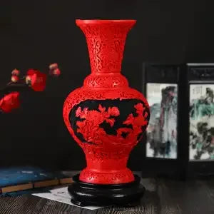 Afralia™ 10-inch Red Lacquerware Flower Auspicious Vase