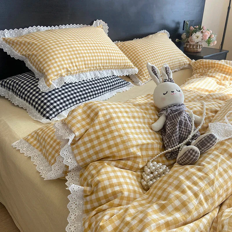 Afralia™ Vintage Lace Cotton Quilt Cover Set, Plaid Design, Black & White, 4Pcs