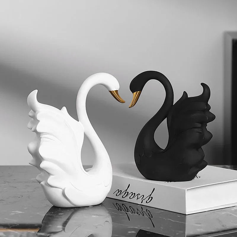 Afralia™ Swan Sculpture Set in Black & White Modern Decor Couple Statue Gift