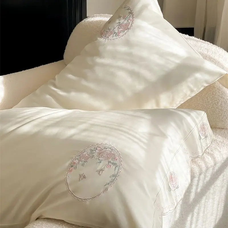 Afralia™ Rose Butterfly Embroidery Curved Edge Bedding Set: Duvet Cover, Sheet Set, Pillowcases