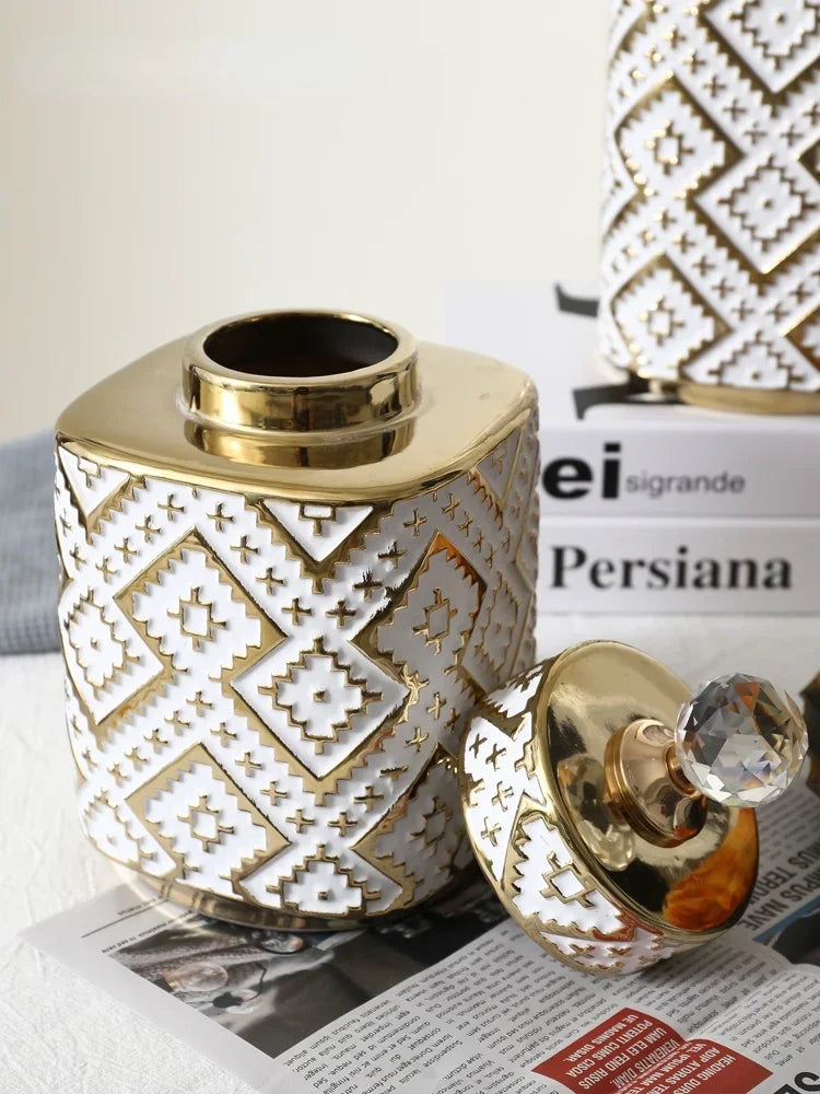 Afralia™ Geometric Golden Relief Decorative Jar - Ceramic Crystal Vase Storage Jar