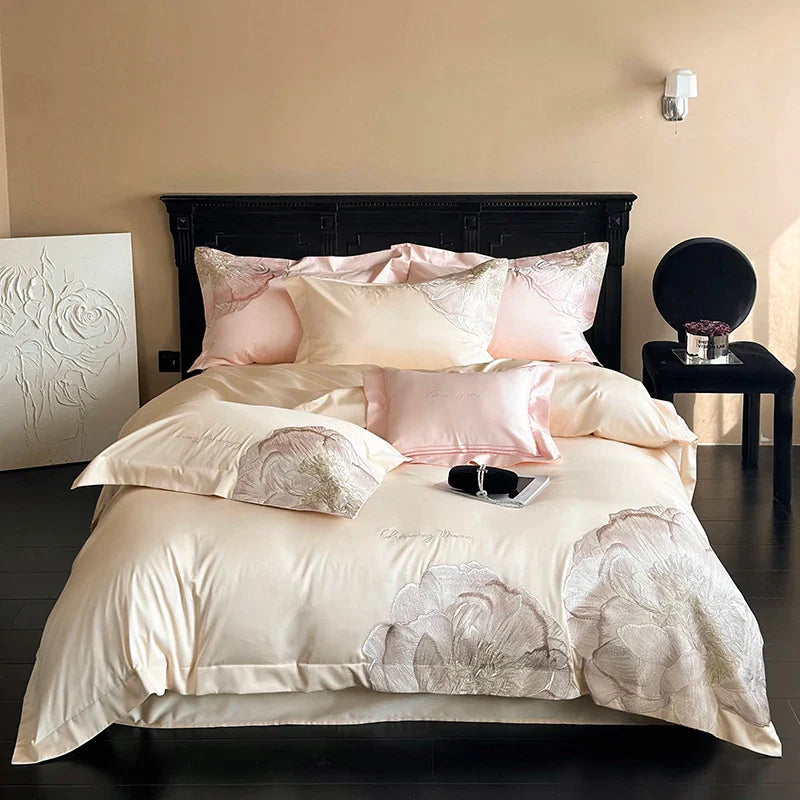 Afralia™ Luxury Pink Blue Champagne Flowers Embroidery Bedding Set 1000TC Egyptian Cotton