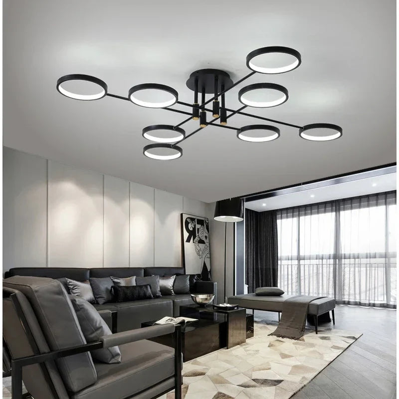 Afralia™ Modern LED Chandelier Black Aluminum Ceiling Light with Remote Control