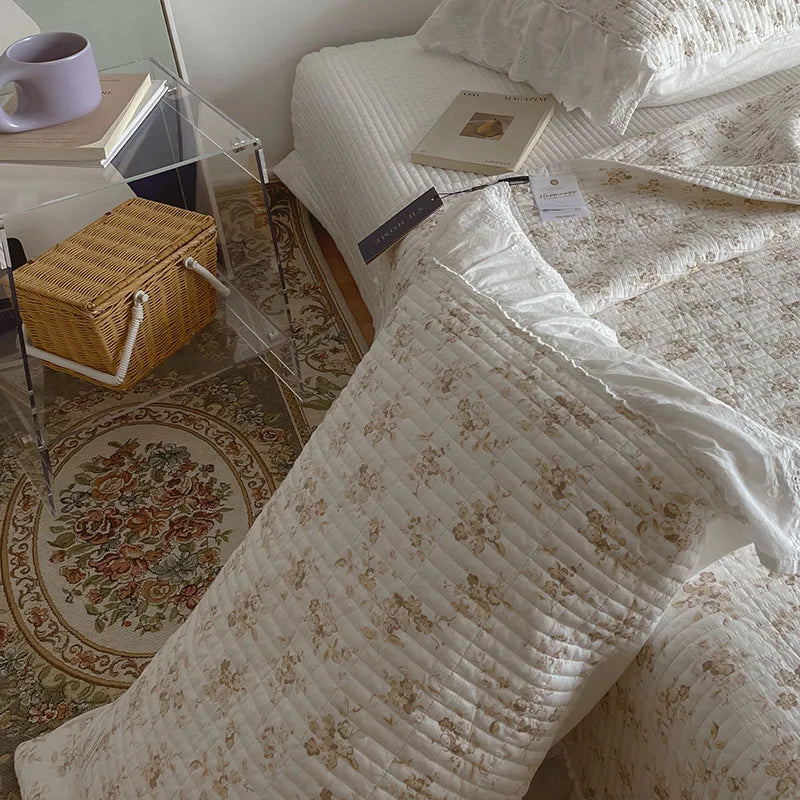 Afralia™ Floral Lace Ruffles Cotton Bedspread Set with Quilted Design & Pillowcases