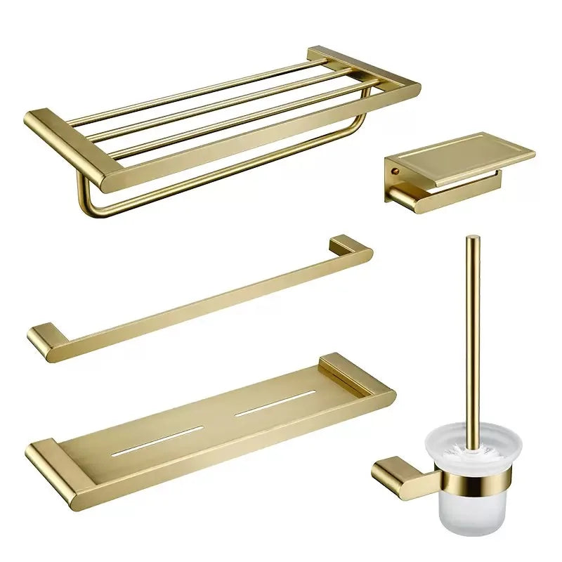 Afralia™ Brushed Gold Bathroom Hardware Set: Towel Rack, Paper Holder, Toilet Brush Holder, Hooks