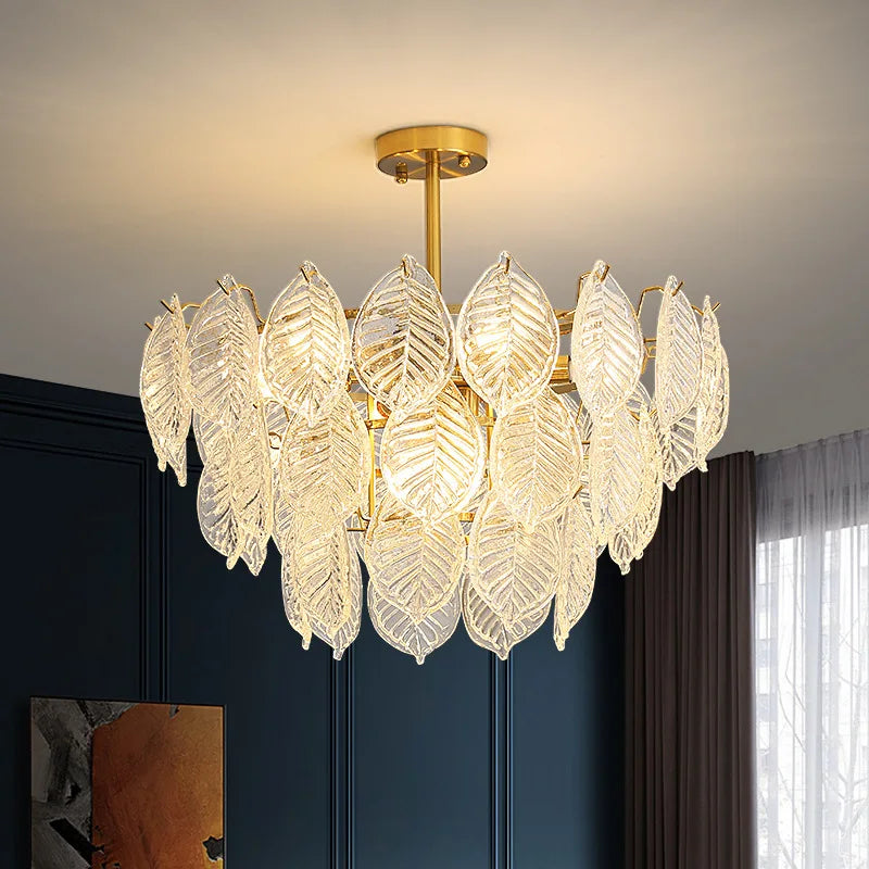 Afralia™ Leaf Glass Chandelier Pendant Light Luxury Dining Room Ceiling Fixture