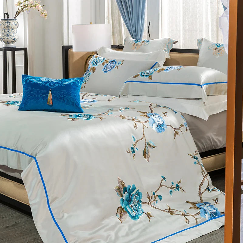 Afralia™ 200S Embroidery Egyptian Cotton Bedding Set for Queen King Linens