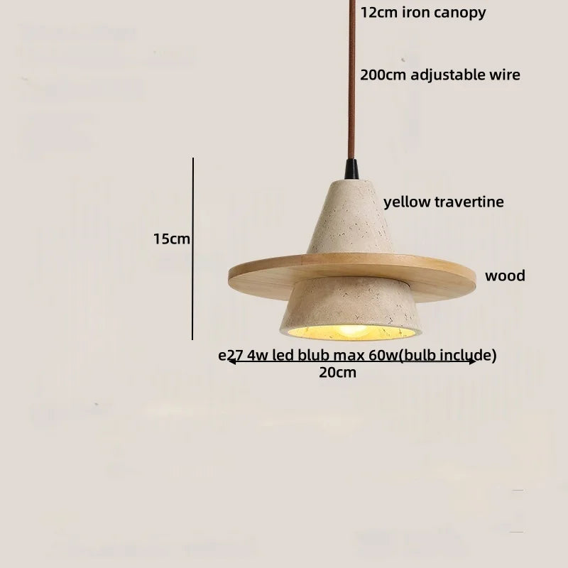 Afralia™ Wabi Sabi LED Pendant Light - Yellow Travertine Brown Wood - Modern Stone Hang Lamp