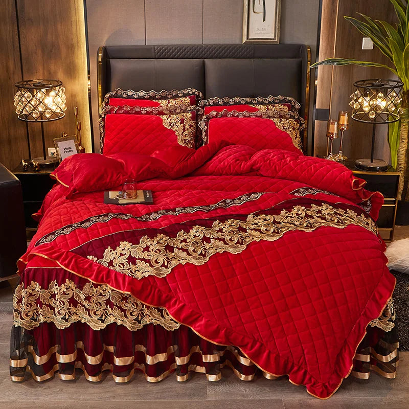 Afralia™ Black Gold Luxury Crystal Velvet Bedding Set with Quilted Embroidery & Ruffles
