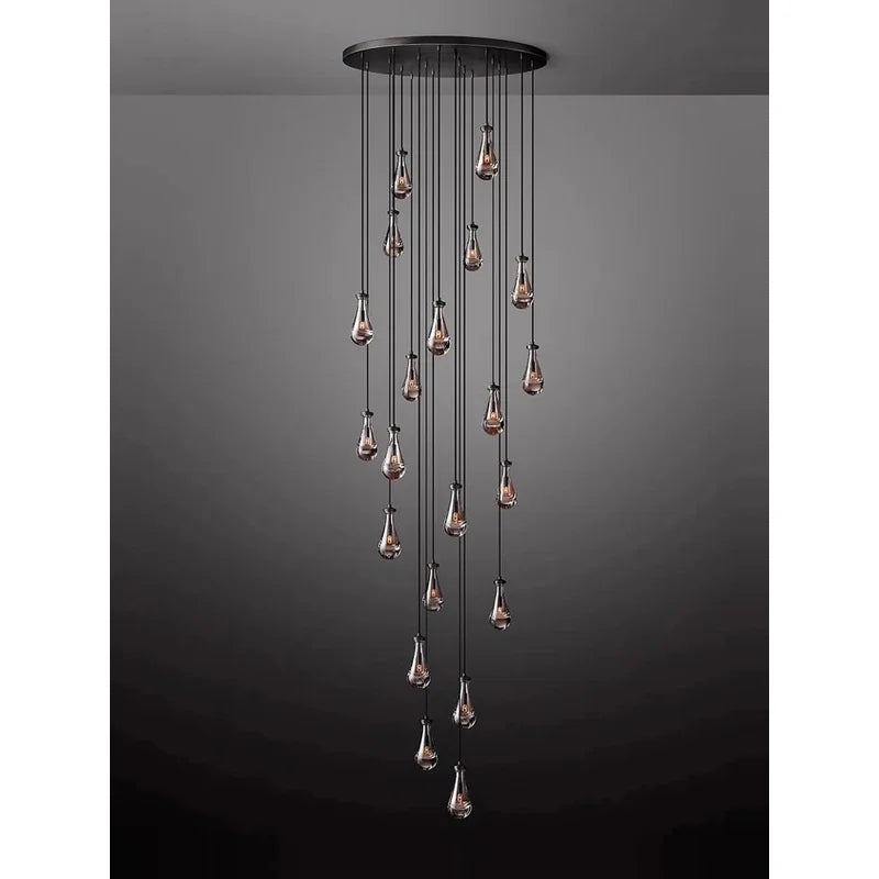 Afralia™ Brass Teardrop Pendant Chandelier with Black/Gold Glass - LED Living Room Staircase Light