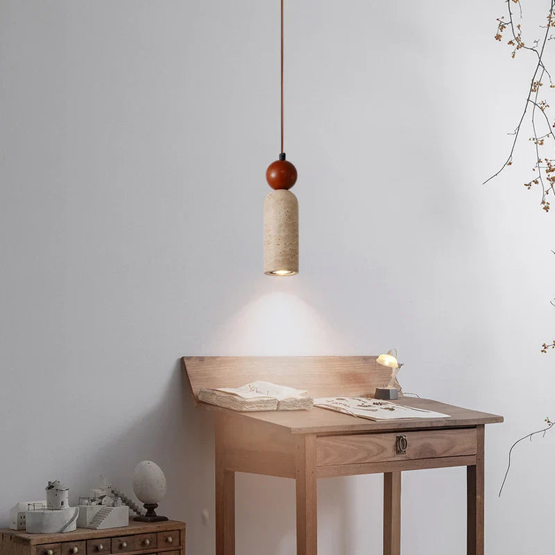Afralia™ Stone LED Hanging Lamp Bedroom Living Room Lighting Yellow Travertine Wood Pendant