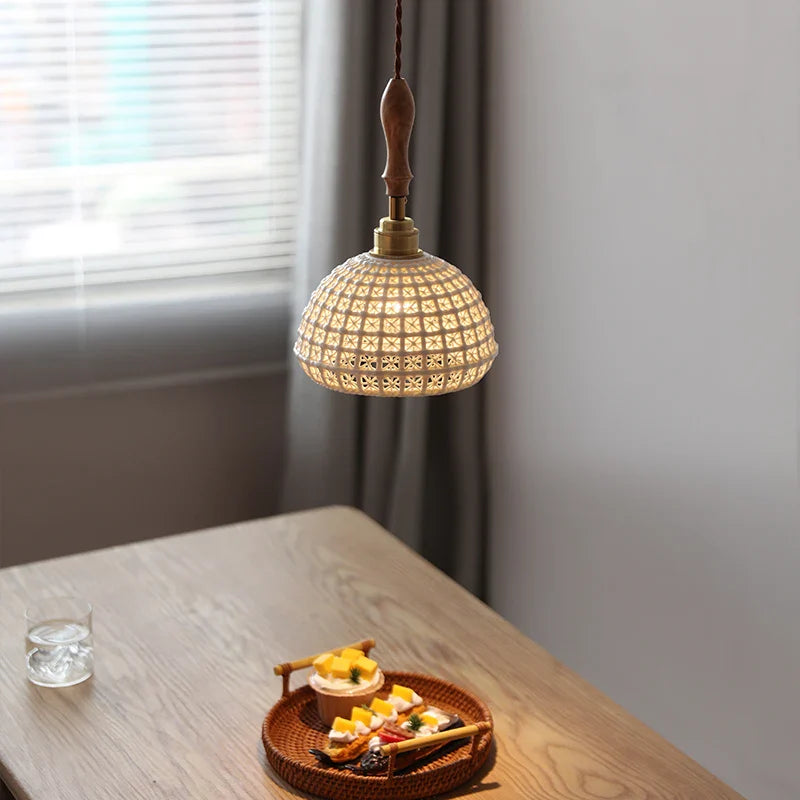 Afralia™ Ceramic LED Pendant Lights with Vintage Ash Wood Handle for Home Decor