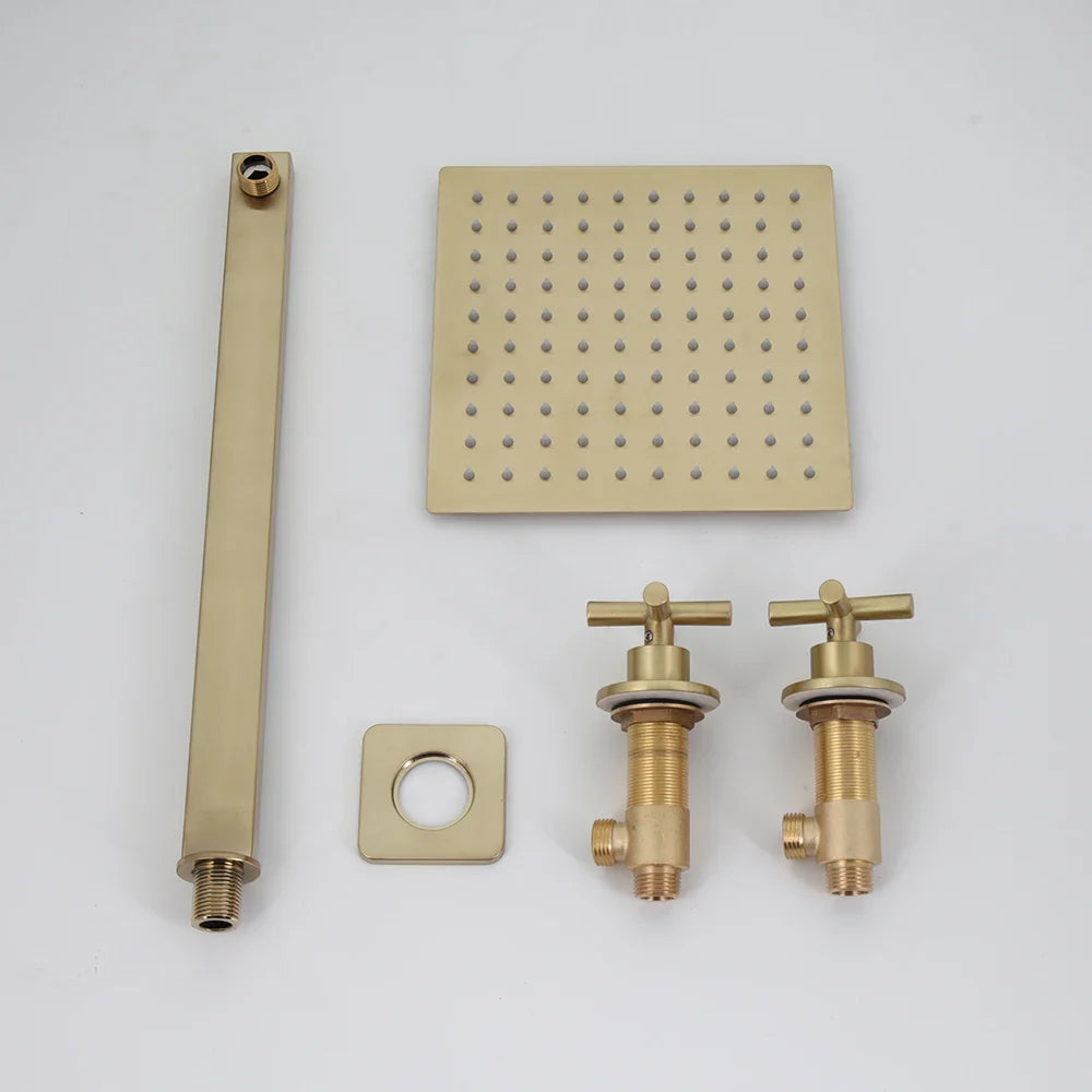 Afralia™ Brushed Gold Rainfall Shower Faucet Set with Dual Handles and Wall Mount