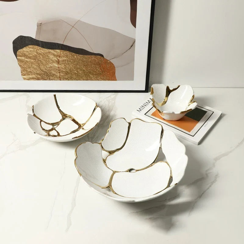 Afralia™ Ceramic Fruit Platter with Golden Crack Design and Wire Tray.