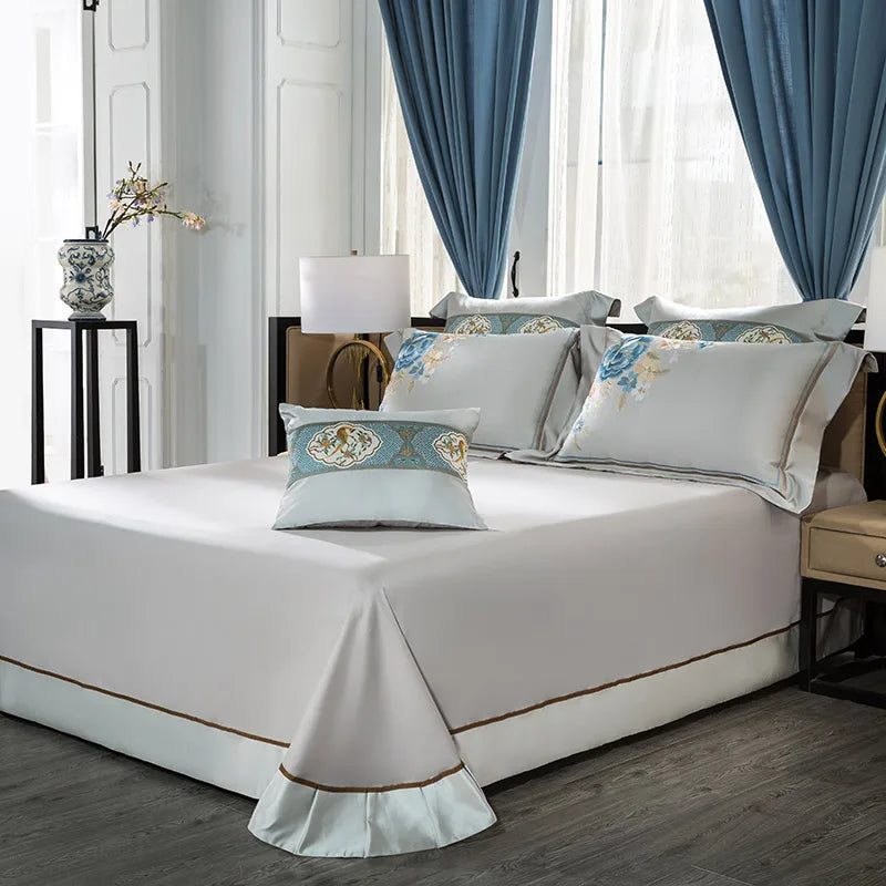 Afralia™ 200S Embroidered Egyptian Cotton Bedding Set Queen King Sheets Duvet Cover