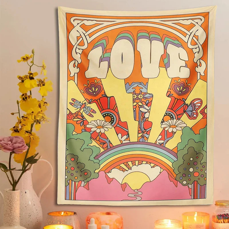 Afralia™ Retro Love Sun Rainbow Tapestry - Psychedelic Hippie Wall Art for Home Decor