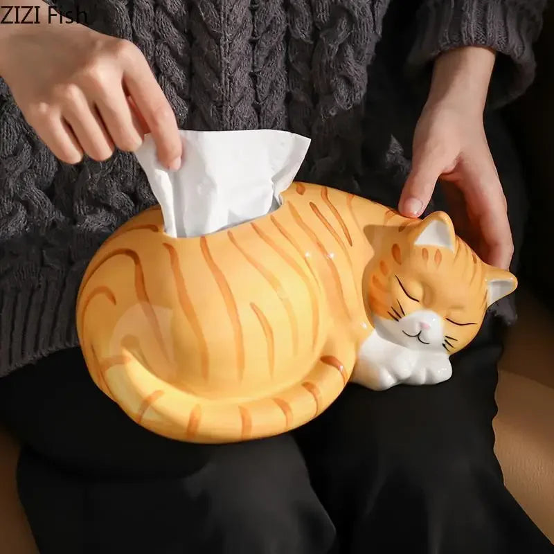 Afralia™ Ceramic Cat Tissue Box - Desk & Bedside Table Decoration