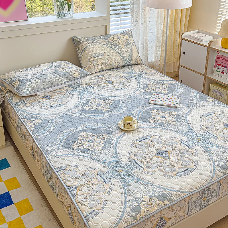 Afralia™ Cool Silk Latex Fitted Sheet Set with Pillowcases, Summer Ice Silk, Single Double Bed